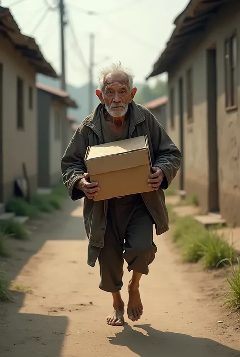 Poor old man holding cake box running towards his house 