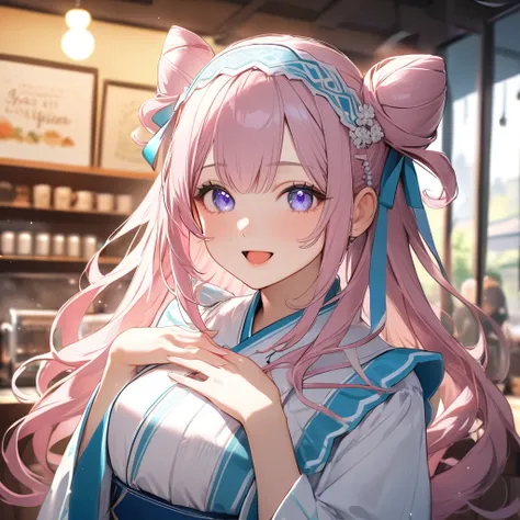 (8K, best quality, master piece: 1.2),super high resolution,1igirll,solo,16yo,ultra-detailed face,ultra-detailed eyes,purple eyes,(pastel pink hair:1.2),(cone hair bun:1.4),straight hair,cyan shrine maiden Maid,cyan lace-trimmed hairband,upper body,looking...