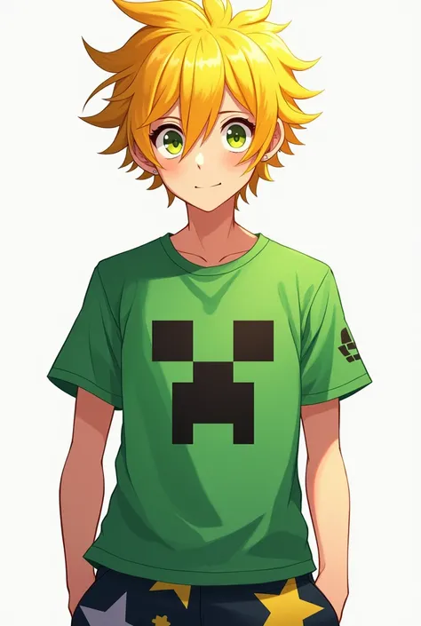 Yellow haired anime man character wearing Minecraft shirt with star shorts 