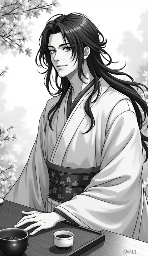 Monochrome manga art style, charming handsome man, long flowing hair cascading down shoulders, dressed in intricately patterned kimono with delicate motifs, gracefully holding a traditional sake cup, serene smile illuminating his features, soft yet express...