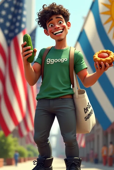 Tall young man with curly hair, dark brown hair, with a cucumber in hand, wearing a green t-shirt that says gogogo, white skin, realistic, brown eyes, tight pants, delgado, black boots, and the flag of the United States and the flag of Uruguay (white and l...