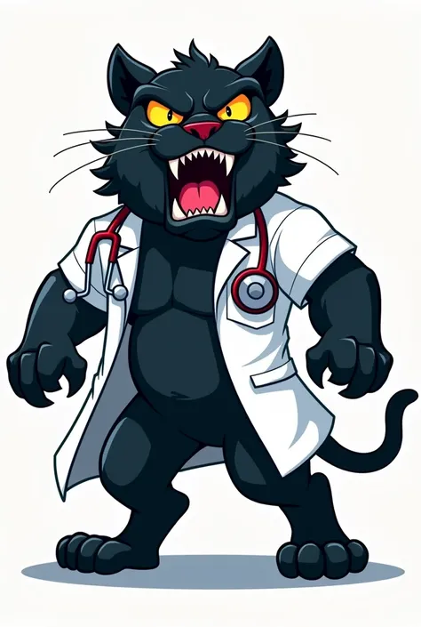 Angry black panther with doctor&#39;s coat and stethoscope logo style coat of arms athletically showing arms and claws forward as if receiving something