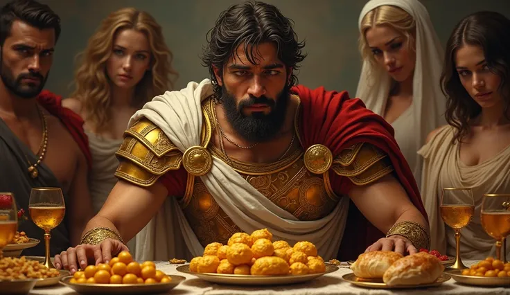 A man dressed in a king&#39;s armor, ancient greece ancient linen clothing dress. Sitting on a table full of food and drinks, all made of gold, which was used in ancient times.. He is with his family, children and wives and servants.
Show the king&#39;s fa...