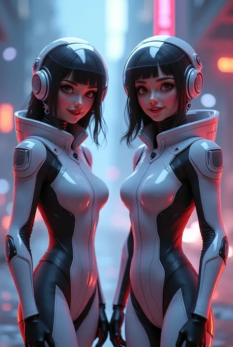 fully body long shot of a two womens un Cyberpunk futuristic space suite, standing up, a the Style of Pixar animationThe best quality, necessary, smile, Looking at the viewer, High resolution, 