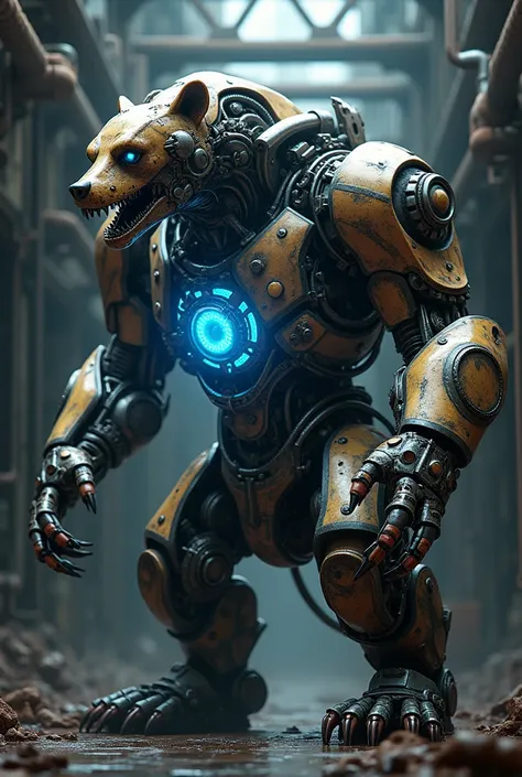 a mechanical bear-snake hybrid, highly detailed gears and metal parts, intricate machinery, dark industrial setting, glowing blue energy core, complex cyberpunk design, moody dramatic lighting, cinematic composition, digital art, octane render, 8k