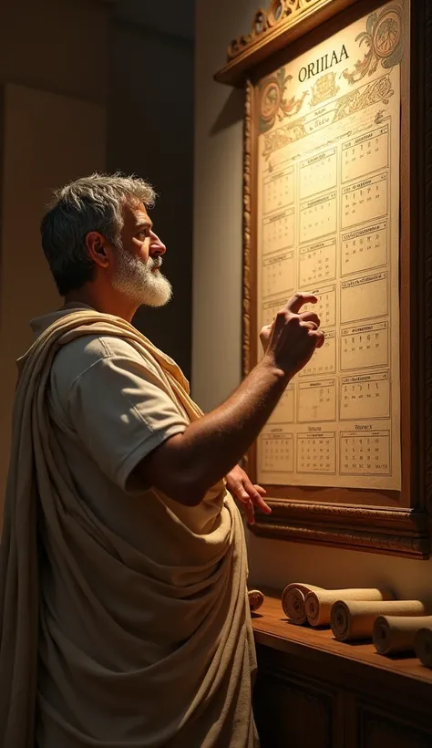 **A philosopher checking his wall calendar**

**Details:**

- **Character Appearance:**
  - The philosopher is dressed in traditional Roman attire, such as a toga or tunic, reflecting his era. His appearance is thoughtful and focused as he checks the calen...