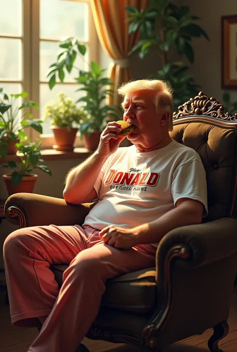 (photorealism:1.2), Donald Trump, sitting on chair, wearing Meg Donald shirt, pajama pants, indoors, soft lighting, plants in background, window with sunlight, cozy room, relaxed pose, realistic, intricate details, warm colors, by Greg Rutkowski, by Alphon...