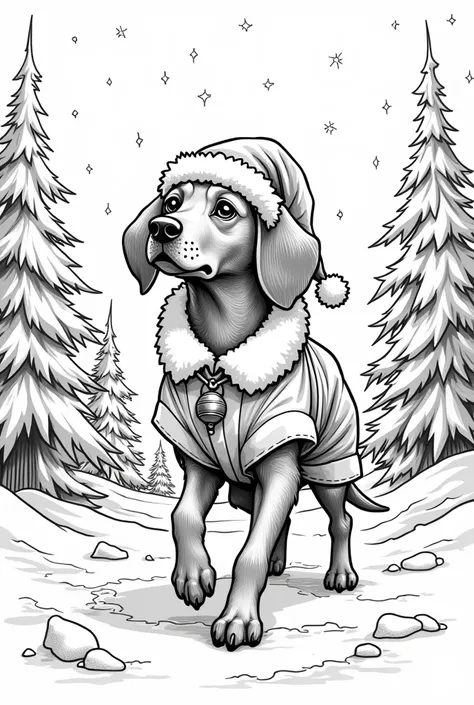 A beautiful Vizsla with big eyes in a Santa Claus costume at the North Pole in Peaky Blinders style as a coloring page comic black and white 