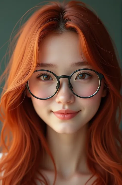 de pedra, with glasses, cute and kind of nerdy smile,  wearing round glasses, girl with glasses, with glasses on, beautiful asian girl, a young asian woman, young asian woman, she has long red hair, Young Asian girl, slight nerdy smile, wearing round glass...