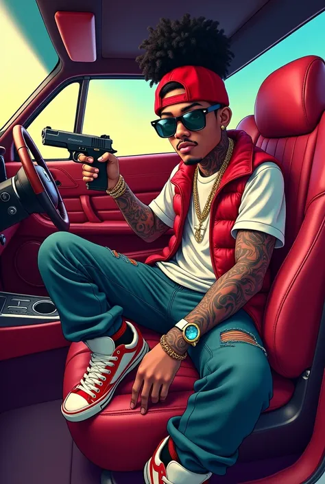 A cute rapper cartoon character of a man holding a gun in an expensive luxury car.