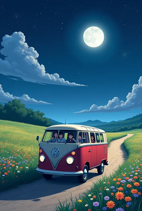 Style anime and pixel A vintage van drives along a path surrounded by fields of flowers under a starry night sky. The bright moon, partially covered by clouds, illuminates the scene. Four people are visible in the van, with one driving and the others enjoy...