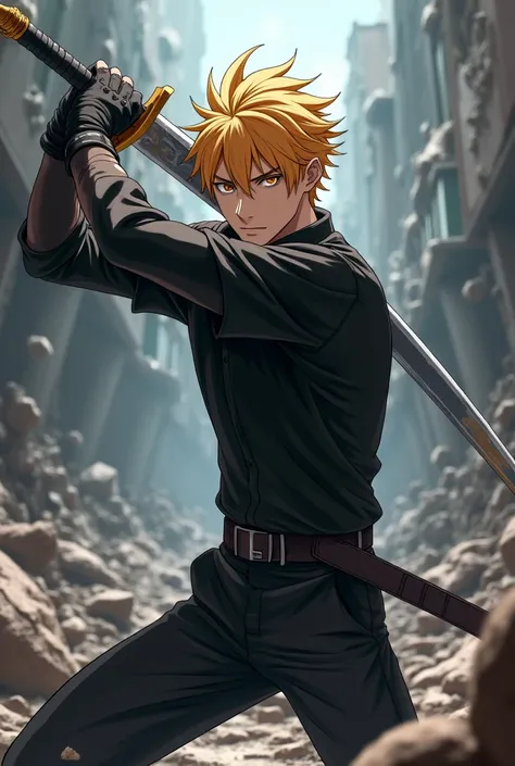 Male character with black shirt, blonde anime hair, with a sword and with a destroyed background and with black pants and gloves 