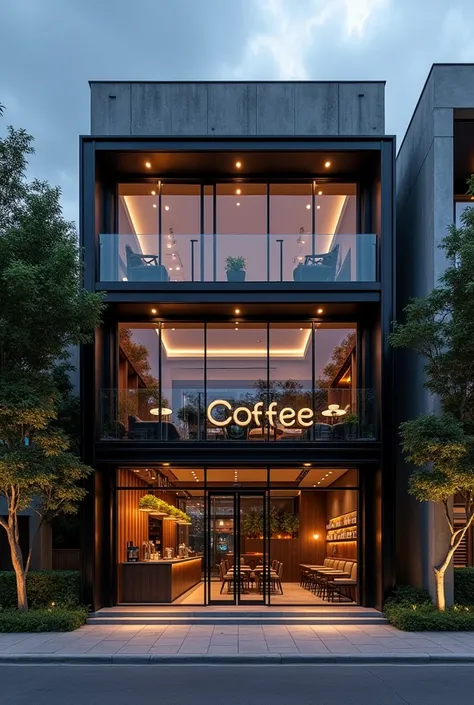 Front design of a 5-storey coffee shop in industrial style, located at a crossroads, with glass doors, polished concrete floors, gray walls, black iron frame, walnut wood paneling, modern furniture, interior lights Golden light, green trees inside and outs...