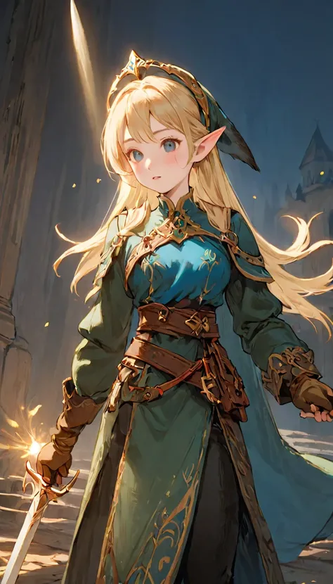 Female Adventurer, whole body, Game Art Style, (masterpiece),  Best Quality, High resolution, 4K, 8k, Detail view, Intricate details, Cinema Lighting, Great quality, 1 girl, bird、Bird、Close your eyes and sing passionately、Elf Ears、Ash Blonde Hair, Big Shad...