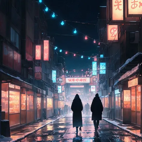 In the winter city、A cityscape at dusk with neon lights gradually coming on、Please draw a man and woman walking quietly from behind.。A combination of cool tones and vibrant neon colors、Creates a romantic and sentimental atmosphere。The neon lights reflect b...