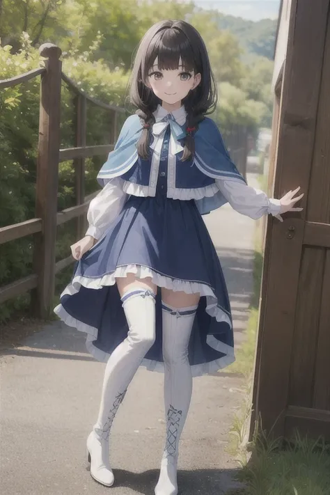 masterpiece,best quality,highres,ultra-detailed,lawine,long hair,braid,french braid,blunt bangs,capelet,blue capelet,dress,blue dress,frills,long sleeves,thigh boots,cross-laced footwear,(white footwear:1.2),outdoors,cowboy shot,smile,standing,