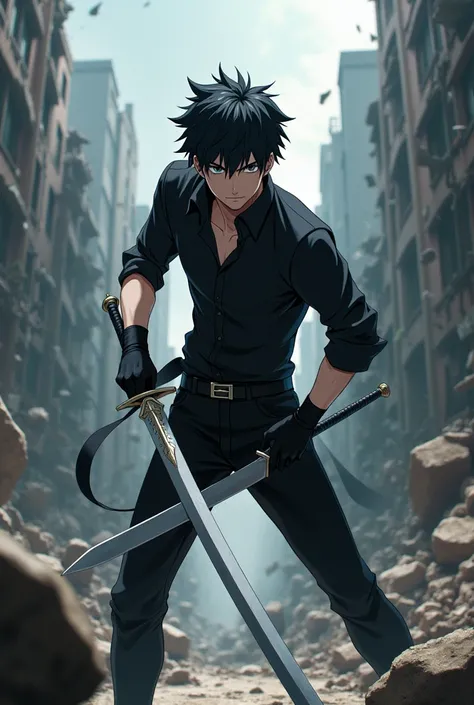 Male character with black shirt, black hair, anime character with a sword and with a destroyed background and with black pants and gloves 