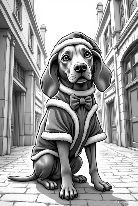 A beautiful Vizsla with big eyes in a Santa Claus costume in Peaky Blinders style as a coloring page comic black and white 