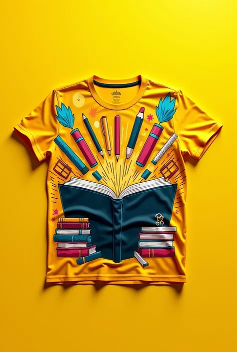 Create a yellow colored shirt front and back template with black and colorful school graphic details with books etc....