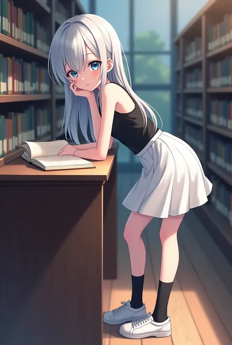 Girl, young adult, anime, blue eyes, silver hair, long hair, left-sided bangs, black tank top, white skirt, black socks, white shoes, full body.
Cover left eyes by bangs, studying in library