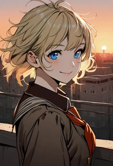 1girl, solo, young, blond hair, short hair, messy hair, blue eyes, smile, soviet, school uniform, schoolgirl, half-body, sunset,...