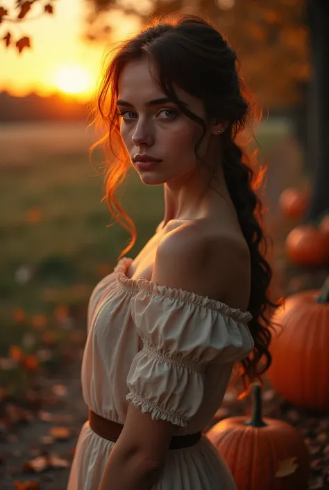 vintage style antique Minolta camera with 50 mm lens being a beautiful girl, full body shot, in the background, view from an angle, sees a vintage style autumn sunset in lens. pumpkins and leaves./ Kuno. 