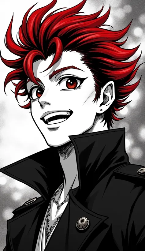 Monochrome manga-style portrait, charismatic man, half red half black vibrant hair, styled in asymmetrical fashion, deep black eyes filled with enthusiasm, adorned in a sleek black trench coat, joyous expression radiating charm, beautifully detailed featur...