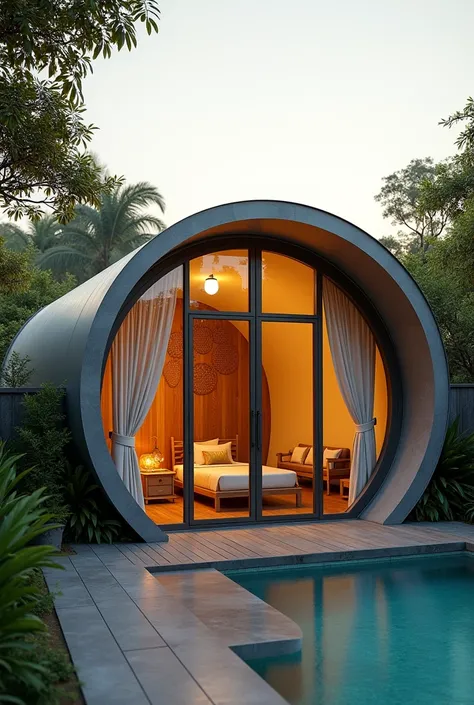 
Round tube homstay exterior design in modern style, glass doors, walnut wood floors, gray walls, curtains, yellow interior lights, surrounded by a resort, with swimming pool, in a late afternoon , 3/4 perspective