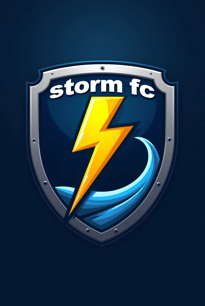 form: Shield in the shape of a traditional shield, with silver edges.
color: Dark blue background, representing the stormy sky.
Central Element: A yellow lightning bolt crossing the shield from top to bottom.
text: "Storm FC" at the top in modern white let...