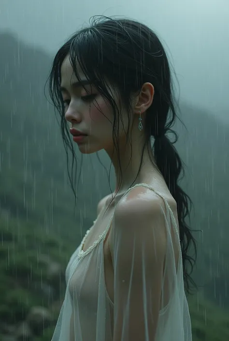 A fragile girl soaked in the rain is beautiful