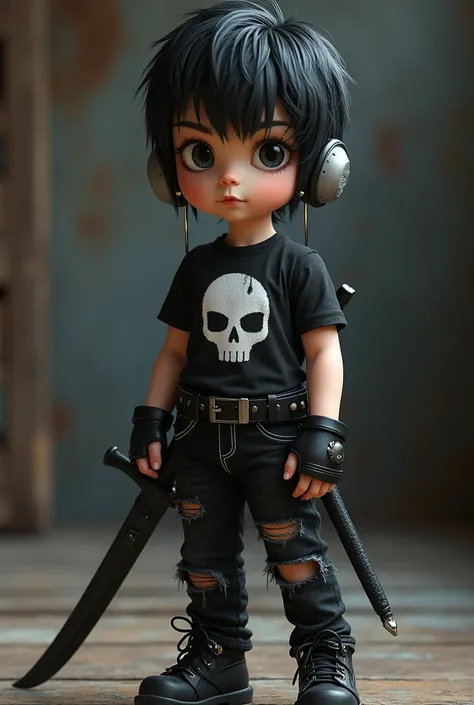  boy aged around 1. He is wearing black jeans, with tears in the fabric at the knees. A black t-shirt with a skull design. On the side of his waist he has a belt with a sword. black blade His hair is dark and his skin is pale as the night And he wears muff...