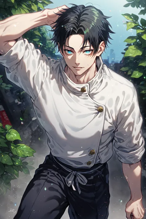 absurdres, highres, ultra detailed, HDR, master piece, Okkotsu Yuuta, black hair, expressive dark blue eyes, white Jujutsu Kaisen uniform, black pants, sexy man, best quality, Jujutsu Kaisen, solo, sensual, green leaves, handsome, glittering eyes, adult fa...