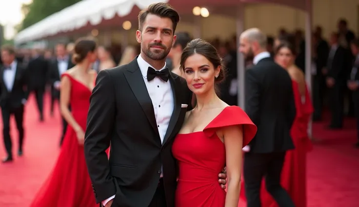 photo selfie of a glamorous celebrity couple on a red carpet, man in tuxedo, woman in asymmetric red dress, hair in bun, looking to the side, detailed skin, natural light in summer