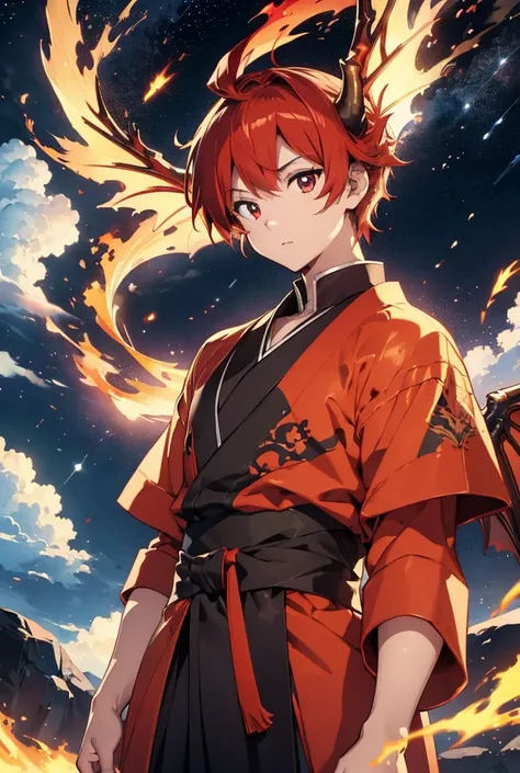 Beautiful male flame dragonewt、1man,Handsome、cool、handsome、The magic of fire is wrapped around his body.、Burning flame long red hair、It has horns on its head、Red traditional Japanese kimono、Big red bat wings on his back、Golden, slender, sparkling eyes、Look...