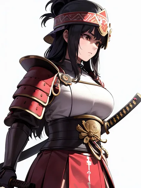 masterpiece, best quality, ultra-detailed, illustrator, 1girl, samurai, japanese red samurai armor, big , big thighs, breastplat...