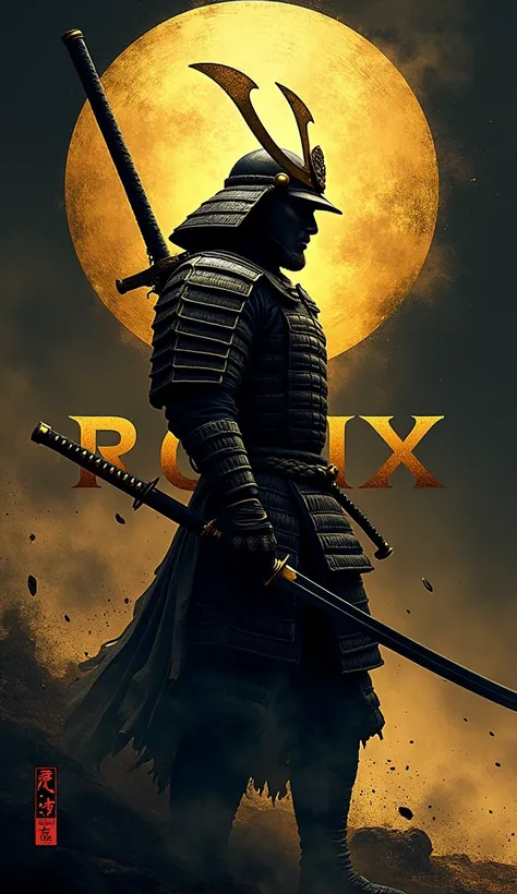 Make a cool samurai wallpaper with my name on it "RAFIX". In black and golden background.