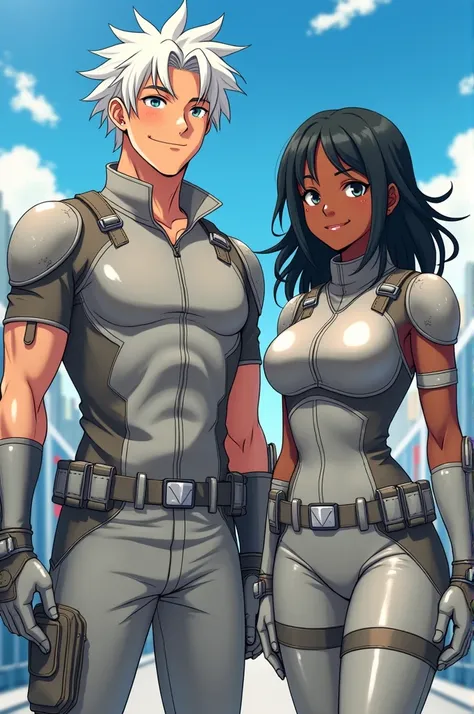 American teenage boy, wavy shoulder reaching white hair, lean but muscular, wearing a pale grey leather outfit, combat outfit, with straps and protective padding, average height, genuine smile, besides him, a girl, African American, average height, also in...