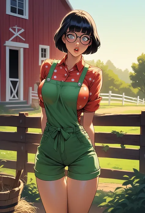 score_9, score_8_up, score_7_up, score_6_up, score_5_up, score_4_up, BREAK 1girl, black hair, plait hair, grey eyes, thick lips, glasses, tanlines, long eyelashes, surprised expression, standing in a farm, blunt bangs, adult, harsh lighting, BREAK solo, la...