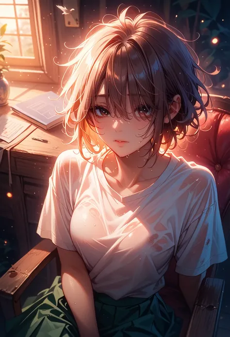 Arti future anime. Birds eye view, dirty woman sitting on chair in dilapidated house, wet messy hair over eyes, detailed bodycon shirt and pleated skirt. vixip, close-up landscape, hurt. Hand drawing, cinematic lighting, highly detailed. White, brown, red....