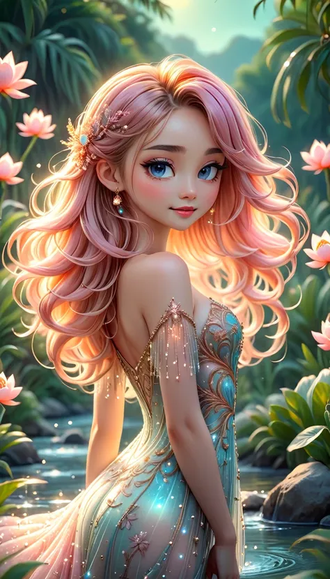 Anime Girl Beauty, ideal anatomy, Bright,  She is wearing a flowing, transparent light ROSE GOLD embroidery gown that looks like its made of delicate glass or crystal, adorned with intricate floral patterns and luminous beads and flying lantern that catch ...