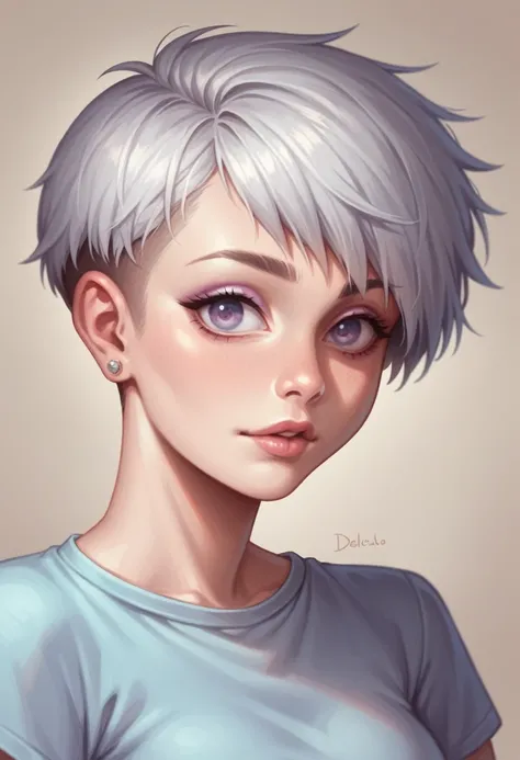 (The best quality, masterpiece), 1 girl, Beautiful girl, brown_eyes, ((Hair color [Silver Hair], [pixie cut with bangs] Hair)), earrings, Lips, short sleeves,realistic, narrow waist, charming, colorful makeup, long eyelashes, light skin, (beautiful), (deta...