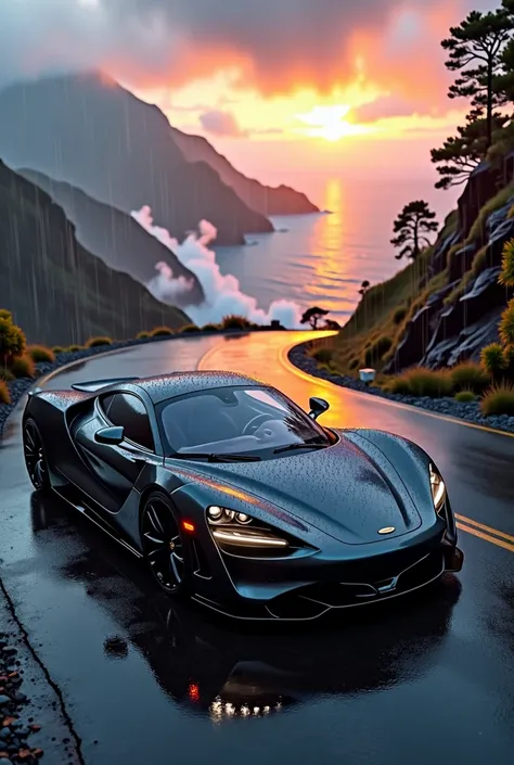 a sleek car parked on a rugged mountain road as rain falls gently, creating a misty atmosphere. The car’s surface reflects the shimmering raindrops, while the distant ocean is visible below, merging with the horizon. The sunset casts a dramatic palette of ...