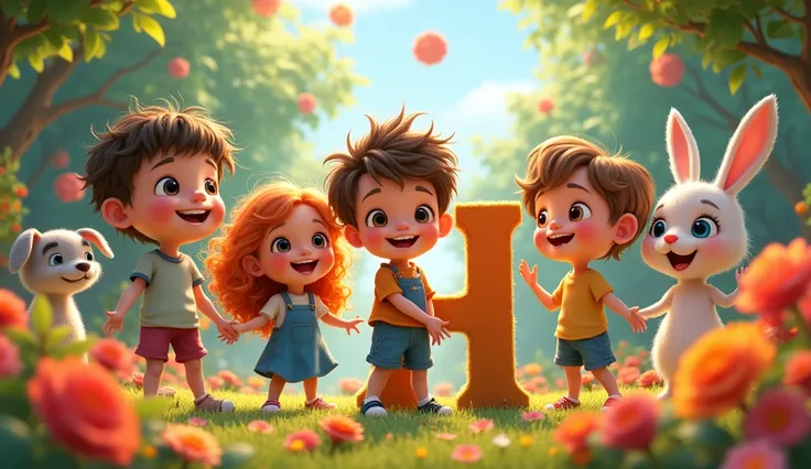 a group of adorable cartoon children,1girl,1boy,2girls,happy expression,giggling,smiling,singing,dancing,lush garden,colorful flowers,vibrant colors,detailed characters,detailed faces,extremely detailed eyes and face,beautiful detailed lips,longeyelashes,a...