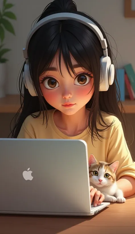 Drawing of a girl with headphones on a laptop and a cat nearby