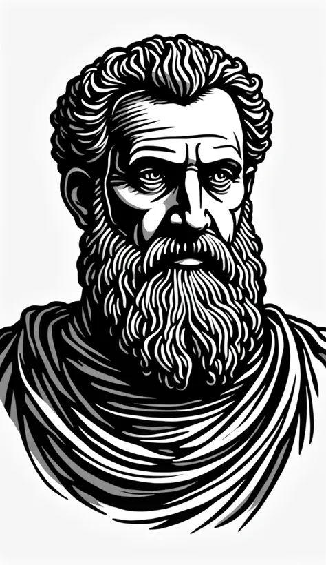 A black and white linocut of the head of Titus Flavius Vespasian, with intricate patterns in his beard forming an abstract representation of labyrinthine walls within it, Simple Background, completely white background