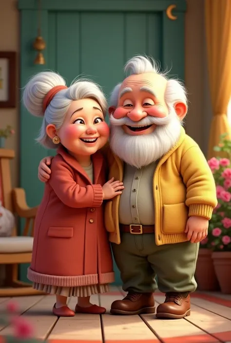 Disney PIXAR cartoon Elderly couple Slightly chubby woman , white hair White hair man with white beard 