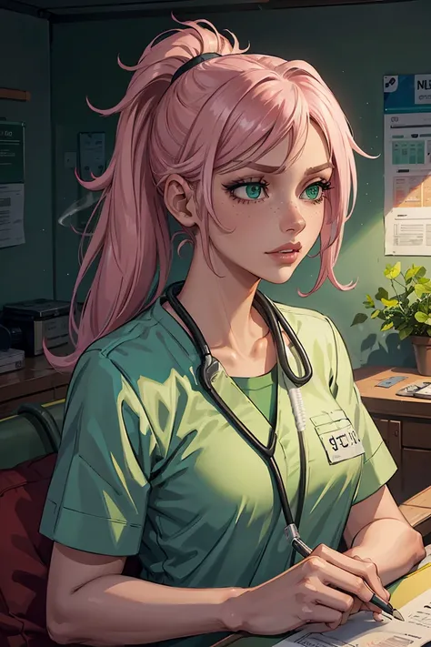 work of art, best quality, centered on the board, portrait, female, tanned skin, stressed expression, to hide, exhaling smoke, eye bags, emt equipment, stethoscope, nervous, lips full of pink, messy ponytail, bright green hair, sofa landscape, green eyes, ...