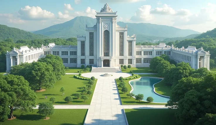 A huge university building, wide area campus, multiple buildings spread irregularly with halls, top view, realistic, classic vintage korean structure buildings, small trees greenery, reflection, High Resolution, Masterpiece, Accurate, Anatomically Correct,...