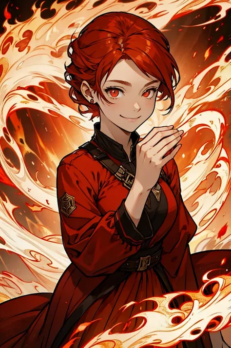 a young woman, red hair and flame and eyes, surrounded by flame, with a gentle smile and living in her hands a flame.