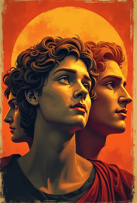 Help me create a poster template for a theater event with sort of old roman figures 3-4 faces depecting different emotions. The poster should be spacious to add details later and the main heading for event is switch and scene. The color pallette is orange 